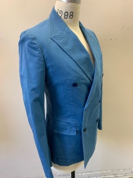 DOLCE & GABBANA, Blue, Cotton, Elastane, Solid, Double Breasted, Peaked Lapel, 3 Pockets,