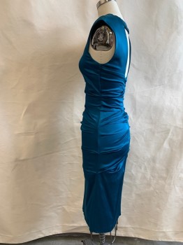 Womens, Cocktail Dress, LE CHATEAU, Teal Blue, Polyester, Spandex, Solid, B34, S, W24, Scoop Neck, Sleeveless, Peekaboo Back, Back Zipper, Horizontal Pleats