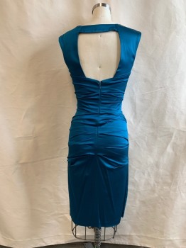 Womens, Cocktail Dress, LE CHATEAU, Teal Blue, Polyester, Spandex, Solid, B34, S, W24, Scoop Neck, Sleeveless, Peekaboo Back, Back Zipper, Horizontal Pleats