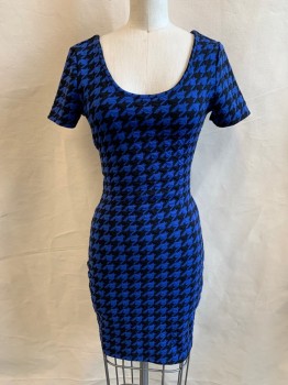 Womens, Dress, Short Sleeve, MATERIAL GIRL, Royal Blue, Black, Polyester, Spandex, Houndstooth, S, Scoop Neck, Short Sleeves, Stretch, Open Back with Bow Tie Straps Across