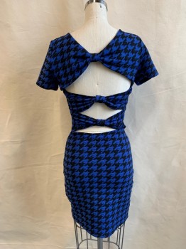 Womens, Dress, Short Sleeve, MATERIAL GIRL, Royal Blue, Black, Polyester, Spandex, Houndstooth, S, Scoop Neck, Short Sleeves, Stretch, Open Back with Bow Tie Straps Across