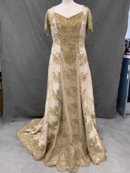 Womens, Historical Fiction Dress, MTO, Gold, Cream, Polyester, Metallic/Metal, Floral, W 32, B 34, Historical Fantasy, Cream/Gold Jacquard with Gold Metallic Netting Overlay, Florl Sequinned Embroidery, Sweetheart Neck, Embroidered Netting Cap Sleeves, Hook & Eye Back, Train, Corset Underpinning