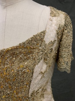 Womens, Historical Fiction Dress, MTO, Gold, Cream, Polyester, Metallic/Metal, Floral, W 32, B 34, Historical Fantasy, Cream/Gold Jacquard with Gold Metallic Netting Overlay, Florl Sequinned Embroidery, Sweetheart Neck, Embroidered Netting Cap Sleeves, Hook & Eye Back, Train, Corset Underpinning