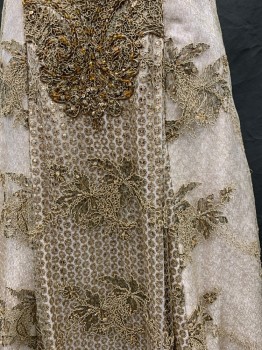 MTO, Gold, Cream, Polyester, Metallic/Metal, Floral, Historical Fantasy, Cream/Gold Jacquard with Gold Metallic Netting Overlay, Florl Sequinned Embroidery, Sweetheart Neck, Embroidered Netting Cap Sleeves, Hook & Eye Back, Train, Corset Underpinning