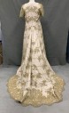 MTO, Gold, Cream, Polyester, Metallic/Metal, Floral, Historical Fantasy, Cream/Gold Jacquard with Gold Metallic Netting Overlay, Florl Sequinned Embroidery, Sweetheart Neck, Embroidered Netting Cap Sleeves, Hook & Eye Back, Train, Corset Underpinning