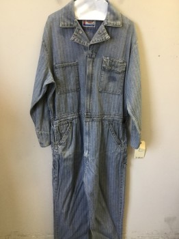 Mens, Coveralls/Jumpsuit, DICKIES, Blue, Off White, Cotton, Herringbone, L Reg, Long Sleeves, Zip Front, Collar Attached, 6+ Pockets, Carpenter, Broken in *AGED