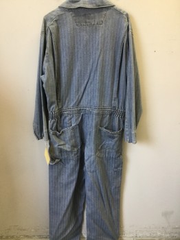 Mens, Coveralls/Jumpsuit, DICKIES, Blue, Off White, Cotton, Herringbone, L Reg, Long Sleeves, Zip Front, Collar Attached, 6+ Pockets, Carpenter, Broken in *AGED