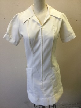 N/L, Off White, Cotton, Solid, Finely Ribbed Texture, Short Sleeves, Zip Front, Collar Attached, Mini Length (Has Been Hemmed), 2 Pockets at Hips