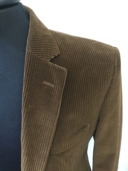 BROOKS BROTHERS, Dk Brown, Cotton, Solid, Corduroy, Single Breasted, Collar Attached, Notched Lapel, 2 Buttons,  3 Pockets