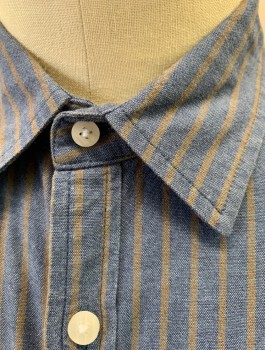 LUCKY BRAND, Dusty Blue, Dusty Brown, Cotton, Elastane, Stripes - Vertical , Long Sleeve Button Front, Collar Attached, 1 Patch Pocket, Looks Like Work Wear, **Has TV Alts in Back - Darts
