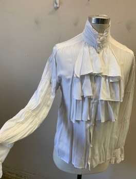 Mens, Historical Fiction Shirt, WINDLASS, White, Rayon, Solid, S, Long Sleeve Button Front, White Pearl Buttons, Gathered Stand Collar and 3 Rows of Ruffles at Front, Puffy Tiered Gathered Sleeves, 1700's Pirate or 1980's New Romantic, Seinfeld's "Puffy Shirt"
