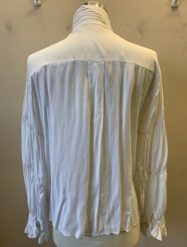 Mens, Historical Fiction Shirt, WINDLASS, White, Rayon, Solid, S, Long Sleeve Button Front, White Pearl Buttons, Gathered Stand Collar and 3 Rows of Ruffles at Front, Puffy Tiered Gathered Sleeves, 1700's Pirate or 1980's New Romantic, Seinfeld's "Puffy Shirt"