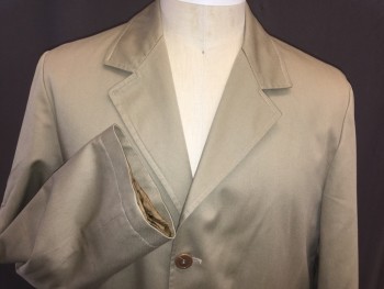 Mens, Coat, Trenchcoat, CO OP, Camel Brown, Cotton, Solid, 42, Button Front, 3  Tan Buttons,  2 Pockets, Hand Picked Collar/Lapel, Knee Length , 1 Back Vent