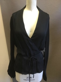 L'AGENCE, Black, Silk, Solid, Cross Over Bust, Wrap Blouse, Long Sleeves with Wide Cuff, Tie