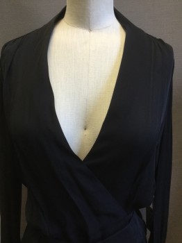 L'AGENCE, Black, Silk, Solid, Cross Over Bust, Wrap Blouse, Long Sleeves with Wide Cuff, Tie