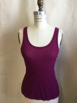 JEAN PAUL GAULTIER, Fuchsia Pink, Polyester, Solid, Fishnet, Sheer Double Layers Fine Fishnet, Scoop Neck, 1" Straps, Raw Hem