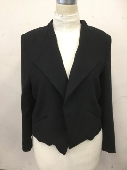 WORTHINGTON, Black, Polyester, Solid, Pointy Draped Open Front, 2 Diagonal Welt Pockets, Long Sleeves, Silver Zip Cuffs, Back Yoke