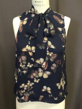 Womens, Shell, HALOGEN, Navy Blue, Beige, Wine Red, Turquoise Blue, Polyester, Insects Print, M, Butterfly Print, Silk Feel, V. Neck with Attached Neck Tie