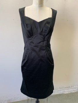ZAC POSEN, Black, Cotton, Elastane, Solid, 2" Straps, Sweetheart Neckline, Fitted, Knee Length, Geometric Self Panels at Waist, Bust and Hips with Pin Tucked Detail, Invisible Zipper in Back, High End Designer Label