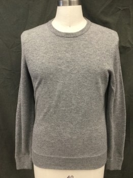 Mens, Pullover Sweater, THE MEN'S STORE, Lt Gray, Wool, Heathered, M, Ribbed Knit Crew neck, Long Sleeves, Back Lower Sleeve Lighter Gray, Ribbed Knit Cuff/Waistband