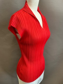 Womens, Top, N/L, Red, Polyester, Solid, B 32, Sleeveless, V-neck, Permanent Pleating
