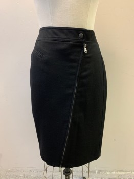 Womens, Skirt, Below Knee, DKNY, Black, Wool, Solid, Sz, 4, W: 30, Diagonal Zipper Closure on Front, 1 Faux Welt Pocket, Snap Button on Waist