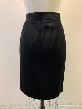 Womens, Skirt, Below Knee, DKNY, Black, Wool, Solid, Sz, 4, W: 30, Diagonal Zipper Closure on Front, 1 Faux Welt Pocket, Snap Button on Waist