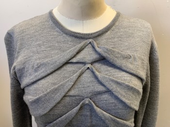 Womens, Pullover, VICTOR ROFF, Gray, Wool, Solid, B36, Long Sleeves, Odd Tucks Center Front, Crew Neck,