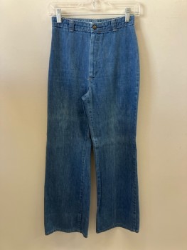 DITTOS, Denim Blue, Cotton, High Waist, Zip Front, Chevron Style Double Stitched Seams @ Back, Bell Bottoms