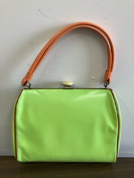 N/L, Lime Green, Orange, Butter Yellow, Vinyl, Color Blocking, Abstract Patchwork Front, Button Clasp, Red Piping, Gold Tone Hardware And Hinge