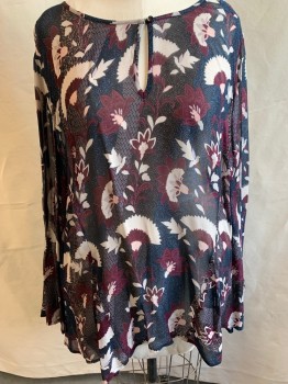 Womens, Top, LANDS' END, Royal Blue, Wine Red, Lt Pink, Off White, Polyester, Floral, 3X, Chiffon See Through, Key Hole Neckline, Button Closure, Long Sleeve