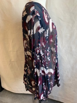 Womens, Top, LANDS' END, Royal Blue, Wine Red, Lt Pink, Off White, Polyester, Floral, 3X, Chiffon See Through, Key Hole Neckline, Button Closure, Long Sleeve