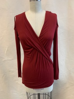 Womens, Top, BAILEY/44, Dk Red, Rayon, Spandex, Solid, S, V-N, L/S, Gathered Front, Cutouts At Shoulders