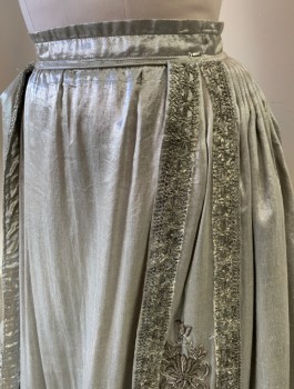 PERIOD CORSETS, Silver, Synthetic, Solid, Silver Embroidered Front Hem Panel, Cartridge Pleats, Heavily Beaded  Silver Beads and Embroidery, Hook & Eye and Snap Back, Medieval/Renaissance