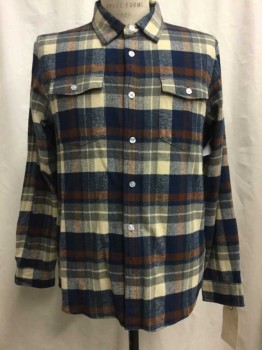 Mens, Casual Shirt, HUF, Navy Blue, Beige, Brown, Cotton, Plaid, M, Navy/beige/brown Plaid, Button Front, Collar Attached, Long Sleeves, 2 Flap Pockets