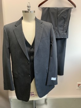 Mens, Suit, Jacket, LANZA MALIBU, Dk Gray, Wool, Solid, 43L, Single Breasted, 2 Buttons, 3 Notched Lapel, No Back Vent