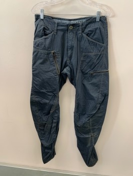 Mens, Casual Pants, G-RAW, Dk Gray, Cotton, Solid, 30/32, Rip-Stop, Multiple Zippers, Small Hole Back Left See Detail Photo,