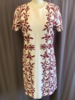 TOREY BURCH, Brown, White, Rayon, Nylon, Leaves/Vines , Round Neck,  S/S, Back Zip, Hem Above Knee