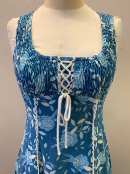 Jody Of California, Blue, Baby Blue, Cream, Polyester, Floral, Sleeveless, Elastic Chest with Tie, Scoop Neck, Back Zipper, Waist Tie, Crochet Trim, Pleated Bottom