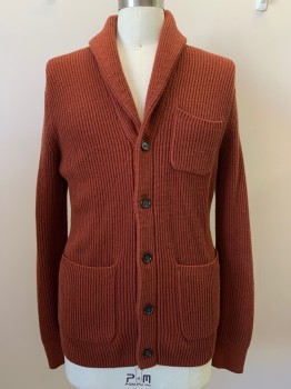 Mens, Cardigan Sweater, BANANA REPUBLIC, Rust Orange, Cotton, Solid, C:42, L, L/S, B.F., Shawl Collar, 3 Pockets, Ribbed