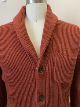 Mens, Cardigan Sweater, BANANA REPUBLIC, Rust Orange, Cotton, Solid, C:42, L, L/S, B.F., Shawl Collar, 3 Pockets, Ribbed
