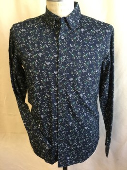 Mens, Casual Shirt, CLUB MONACO, Navy Blue, Olive Green, Teal Green, Off White, Cotton, Floral, S, Collar Attached, Button Down, Button Front, 1 Pocket, Long Sleeves,