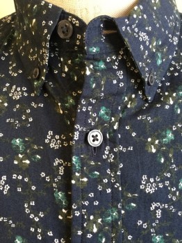 Mens, Casual Shirt, CLUB MONACO, Navy Blue, Olive Green, Teal Green, Off White, Cotton, Floral, S, Collar Attached, Button Down, Button Front, 1 Pocket, Long Sleeves,