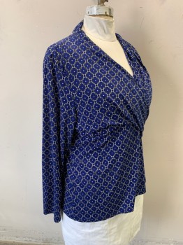 Womens, Top, CHARTER CLUB, Dk Blue, Black, White, Polyester, Spandex, Floral, 2X, Long Sleeves, Pullover, Surplice V-neck,