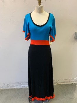 GREAT TIMES, Turquoise Blue, Red, Black, Polyester, Color Blocking, Scoop Neck, Short Bell Sleeves, Poly Knit, Full Length, 1970's, Joseph Magnin, Small Hole in Back of Sleeve... Hip 36