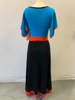 GREAT TIMES, Turquoise Blue, Red, Black, Polyester, Color Blocking, Scoop Neck, Short Bell Sleeves, Poly Knit, Full Length, 1970's, Joseph Magnin, Small Hole in Back of Sleeve... Hip 36