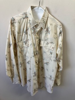 LEVI'S, Lt Beige, Sky Blue, Brown, Green, Gray, Poly/Cotton, Print, LS, Snap Front, CA, Yoke Front/Back, 3 Snap Cuff, Two Pckts, Cowboy Riding Horse & Cactus Print