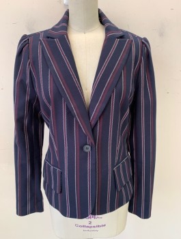 Womens, Blazer, CHELSEA 28, Navy Blue, Red Burgundy, White, Polyester, Rayon, Stripes - Vertical , XS, Single Breasted, 1 Button, Peaked Lapel, Puffy Gathered Sleeves, 2 Flap Pockets at Hips, Fitted