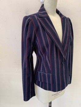 Womens, Blazer, CHELSEA 28, Navy Blue, Red Burgundy, White, Polyester, Rayon, Stripes - Vertical , XS, Single Breasted, 1 Button, Peaked Lapel, Puffy Gathered Sleeves, 2 Flap Pockets at Hips, Fitted