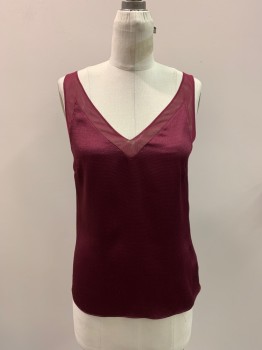 TED BAKER, Maroon Red, Polyester, Solid, Textured Fabric, V-N, Sheer Straps And Neckline